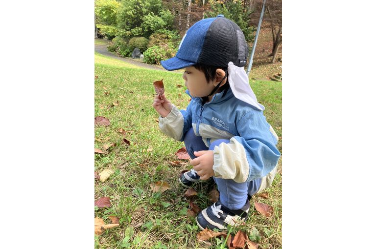 落ち葉を観察するこども
