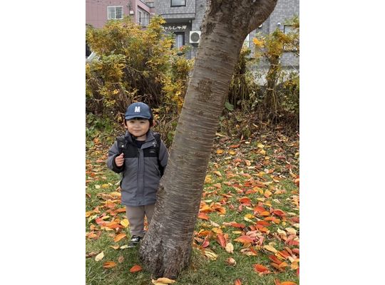 札幌市　南平岸　保育園　木のそばに居る　男の子