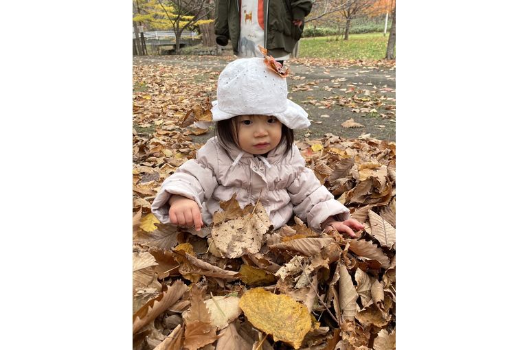 札幌市　南平岸　保育園　落ち葉で遊ぶ　女の子